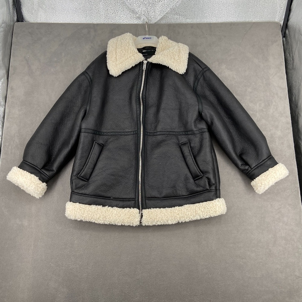 ASOS Design Jacket Womens 6‎ Black Double-Faced Faux Leather Shearling Full Zip